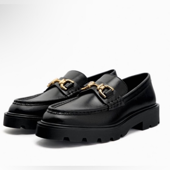 Zara Shoes - Zara Black genuine leather lug sole loafers with gold buckle